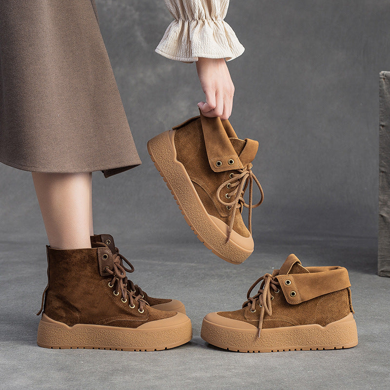 Women's Plain Soft Leather Flat Casual Ankle Boots