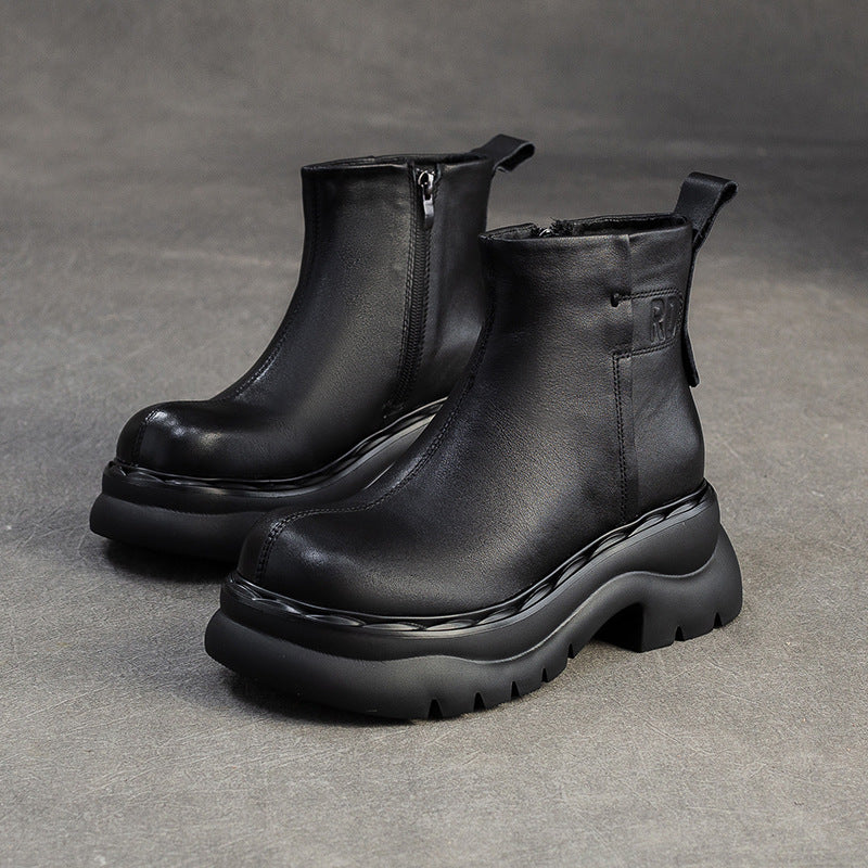 Women's Retro Plain Leather Casual Ankle Boots-RAIIFY