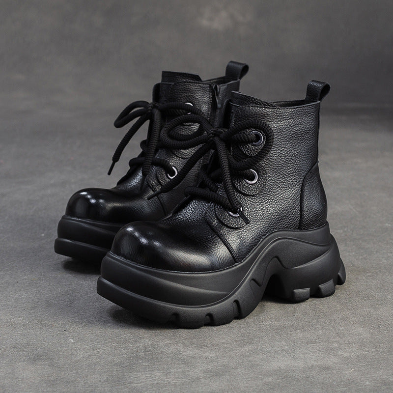 Women's Retro Plain Leather Platform Motorcycle Boots-RAIIFY