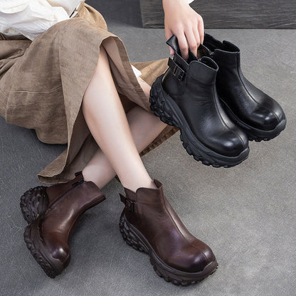Women's Vintage Chunky-Sole Leather Ankle Boots