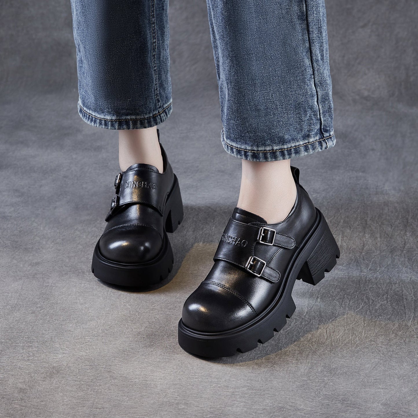 Women's Plain Leather Buckle Chunky Heel Loafers