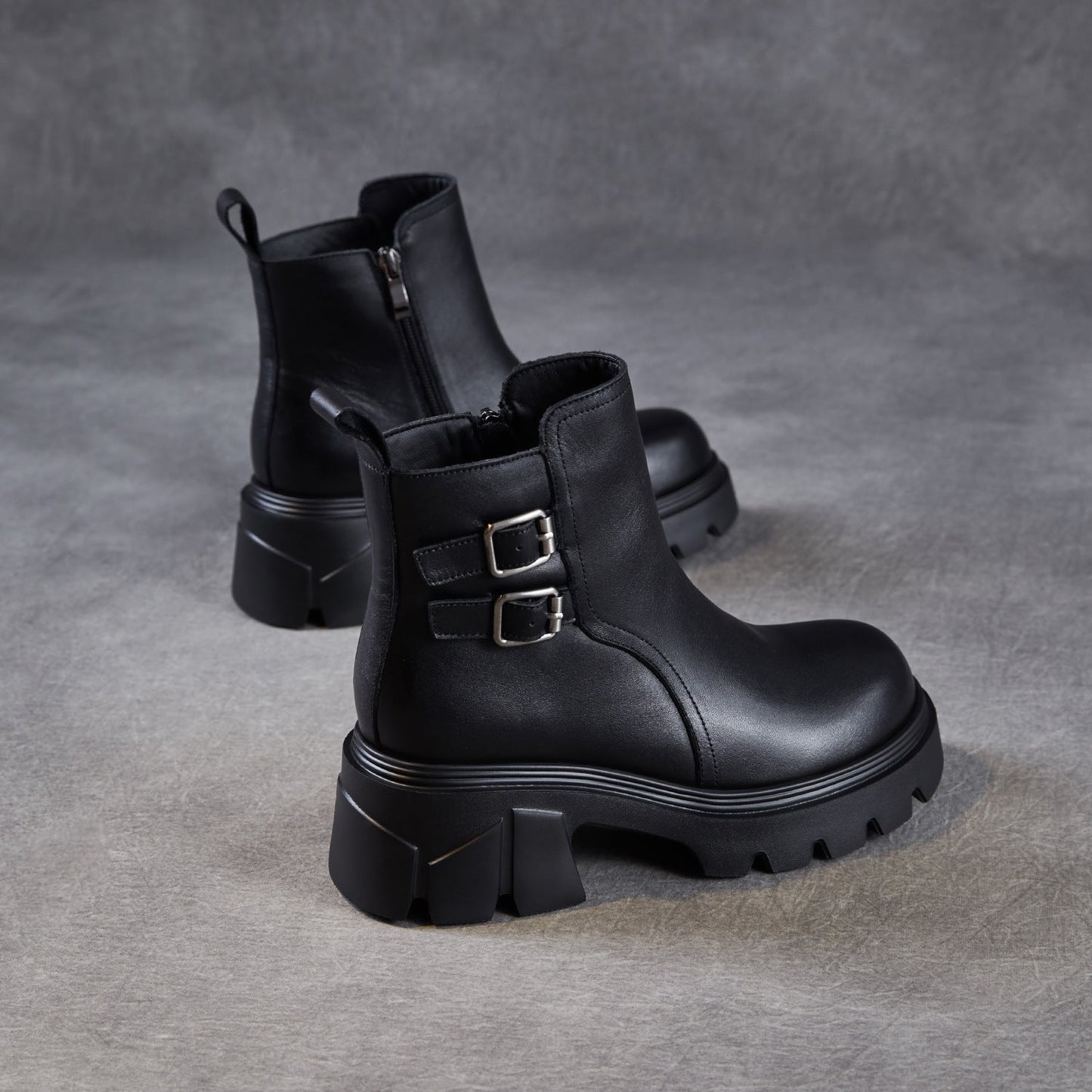 Women's Classic Plain Leather Buckle Platform Ankle Boots