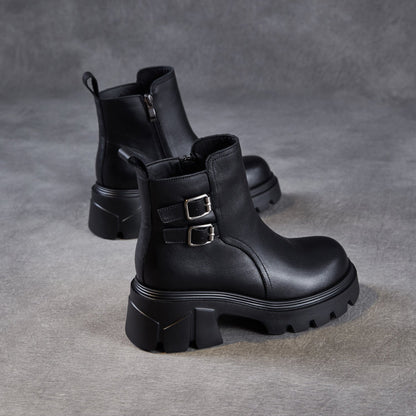 Women's Classic Plain Leather Buckle Platform Ankle Boots