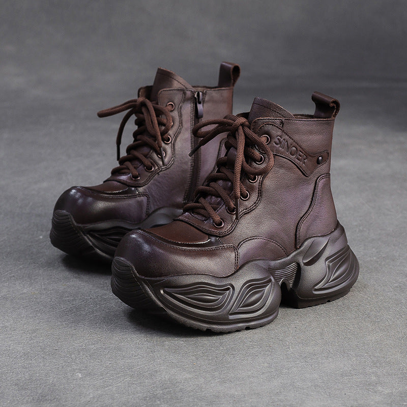 Women's Vintage Leather Chunky Platform Boots-RAIIFY