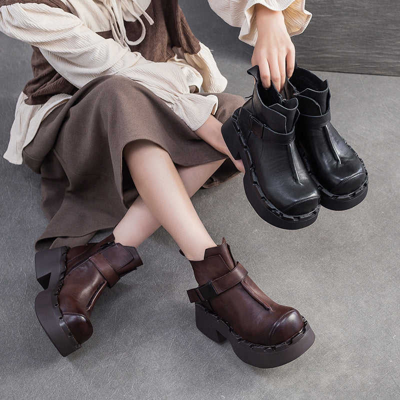 Women's Vintage Leather Buckle Platform Ankle Boots