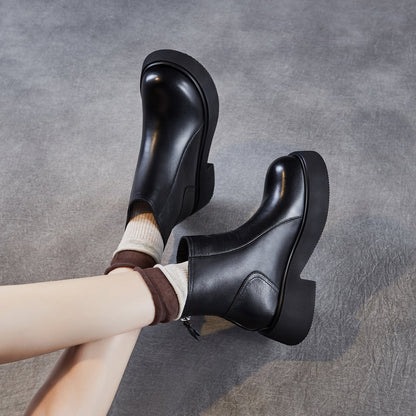 Women's Retro Plain Leather Ankle Platform Boots