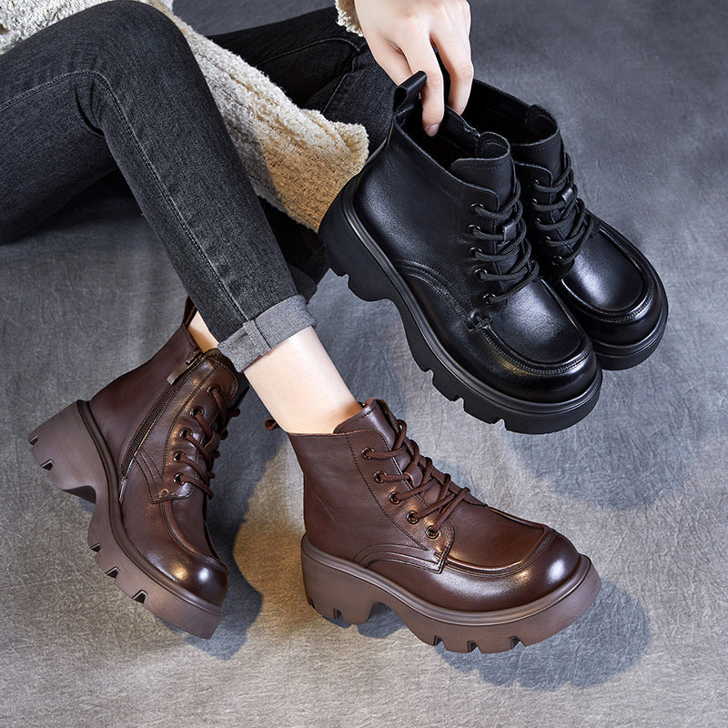 Women's Vintage Leather Casual Platform Ankle Boots