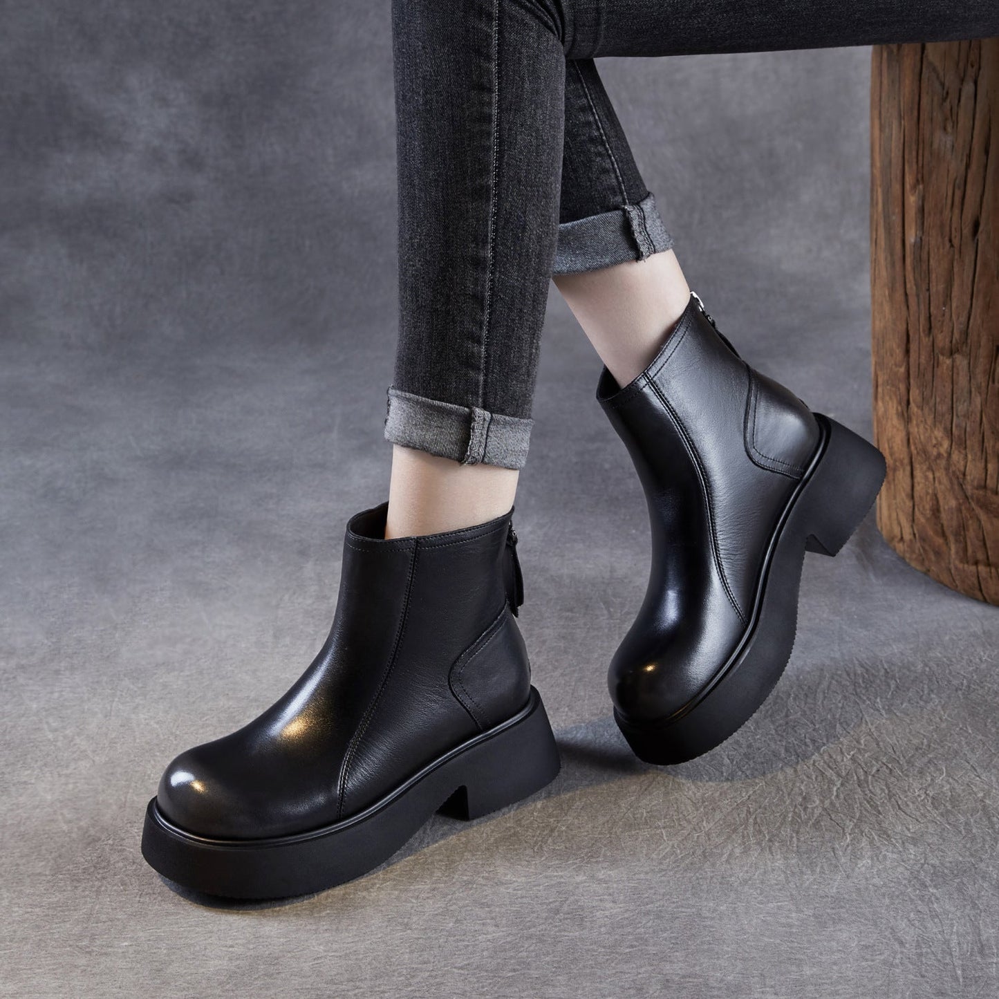 Women's Retro Plain Leather Ankle Platform Boots