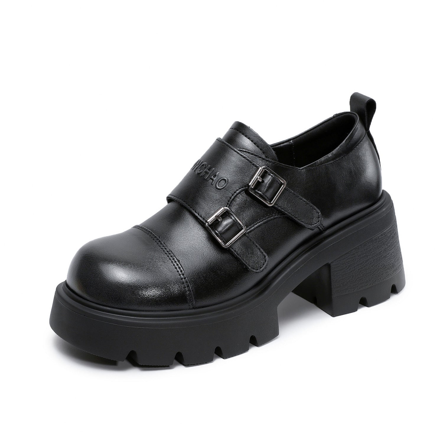 Women's Plain Leather Buckle Chunky Heel Loafers-RAIIFY