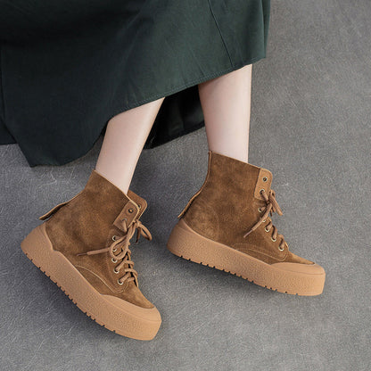 Women's Plain Soft Leather Flat Casual Ankle Boots