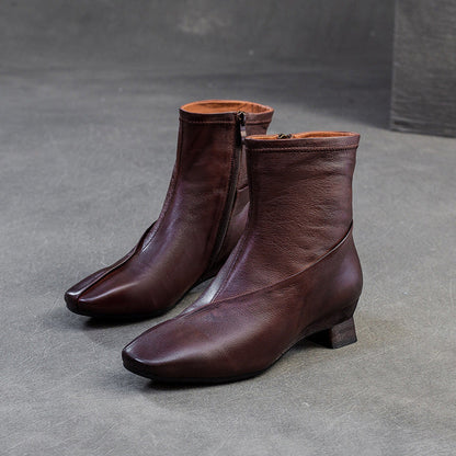 Women's Retro Plain Leather Casual Low Block Boots-RAIIFY