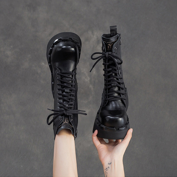 Women's Vintage Leather Platform Mid-Calf Boots