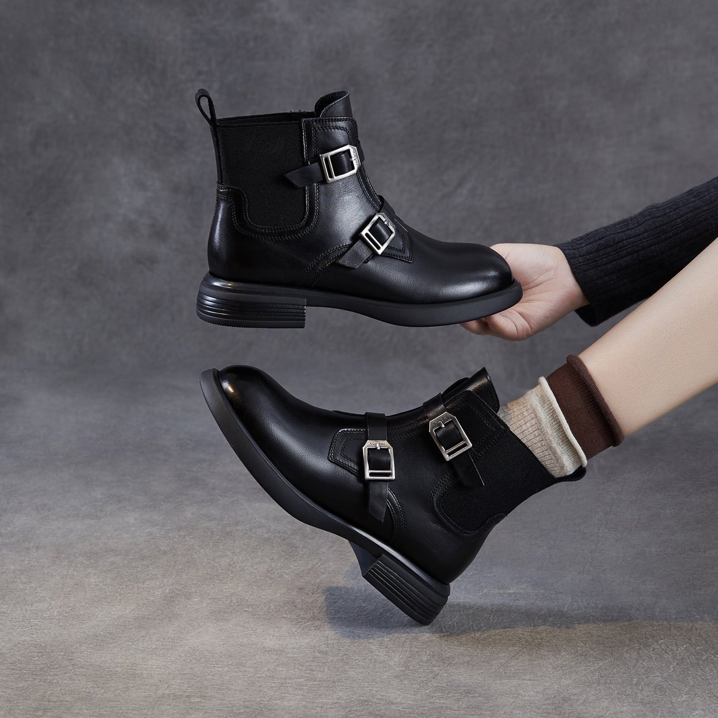 Women's Retro Buckle Leather Slip-on Ankle Boots