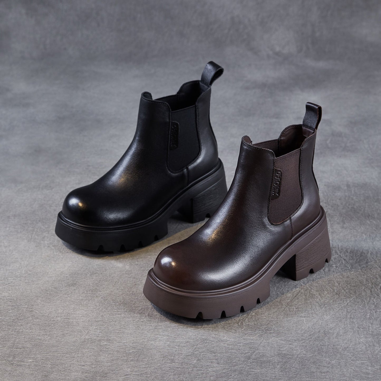 Women's Plain Leather Chunky Heel Slip-on Ankle Boots