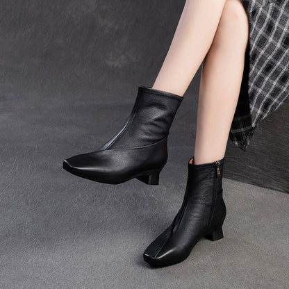 Women's Retro Plain Leather Casual Low Block Boots