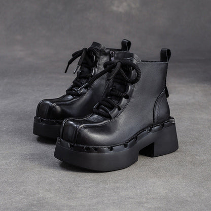 Women's Retro Leather Chunky Heel Boots-RAIIFY