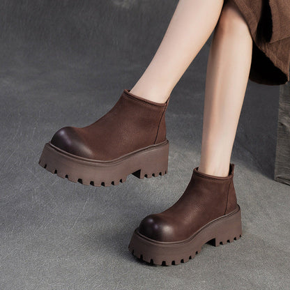 Women's Retro Plain Leather Chunky Platform Ankle Boots