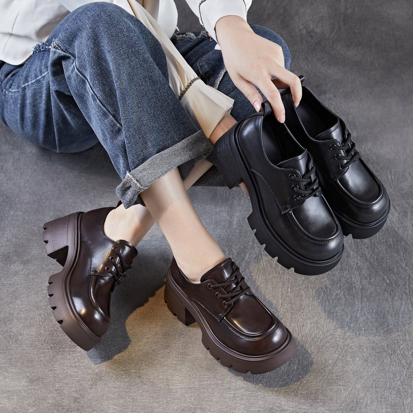 Women's Leather Lace-up Chunky Heel Loafers