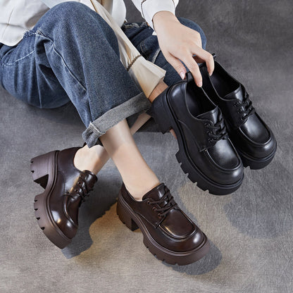 Women's Leather Lace-up Chunky Heel Loafers