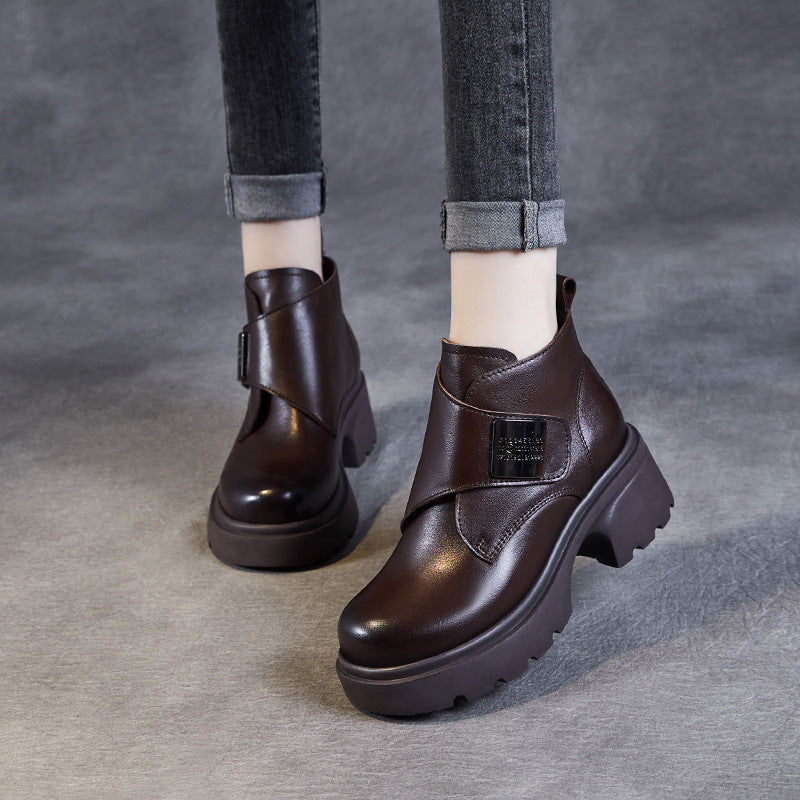 Women's Casual Leather Metal Velcro Ankle Boots