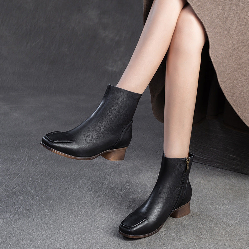 Women's Retro Soft Leather Comfort Low Block Ankle Boots