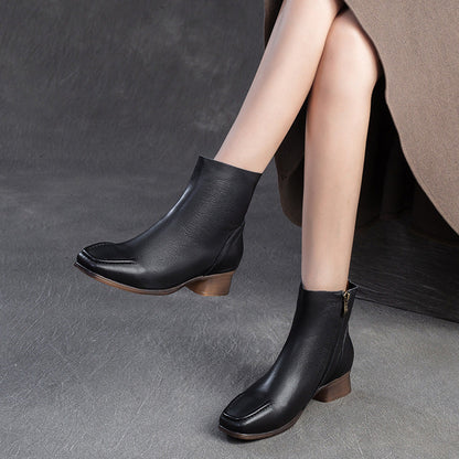 Women's Retro Soft Leather Comfort Low Block Ankle Boots