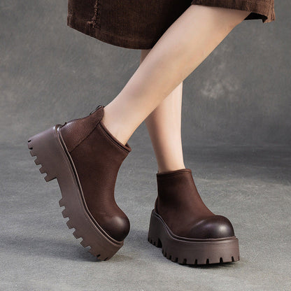 Women's Retro Plain Leather Chunky Platform Ankle Boots