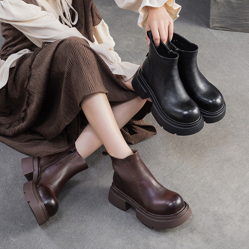 Women's Minimalist Plain Leather Platform Ankle Boots