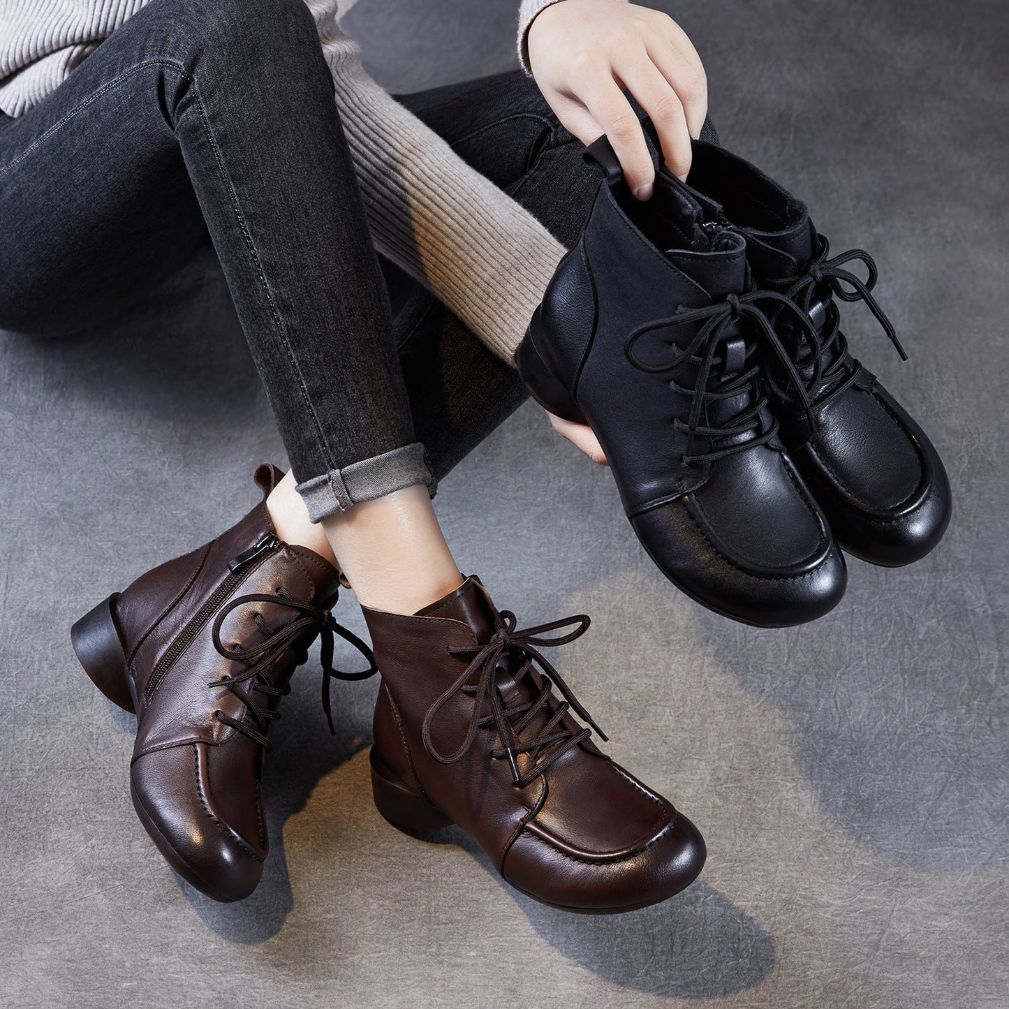 Women's Retro Leather Low Block Ankle Boots