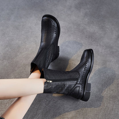 Women's Vintage Woven Embossing Leather Mid-Calf Boots