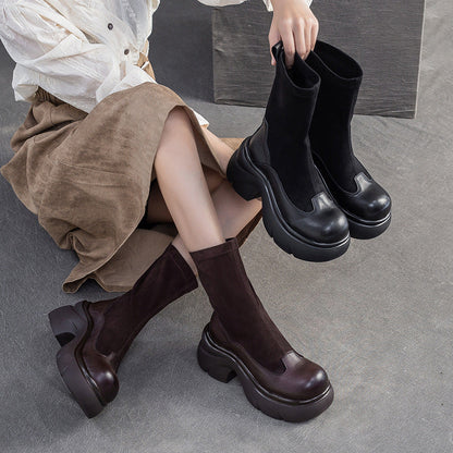 Women's Minimalist Retro Leather Elastic Mid-Calf Boots