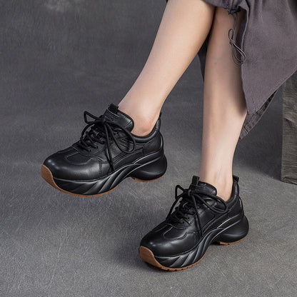 Women's Minimalism Plain Leather Platform Casual Sneakers