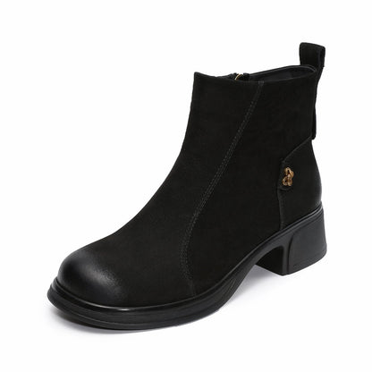 Women's Vintage Leather Chunky Heel Ankle Boots-RAIIFY