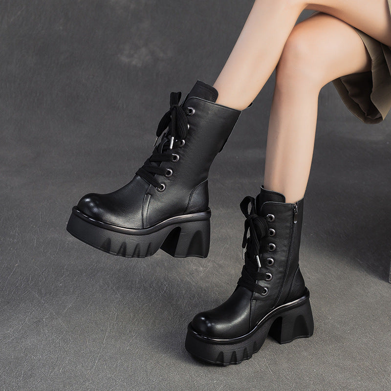 Women's Vintage Leather Chunky Platform Mid-Calf Boots