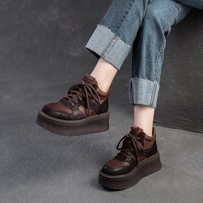 Women's Retro Leather High Top Platform Casual Shoes