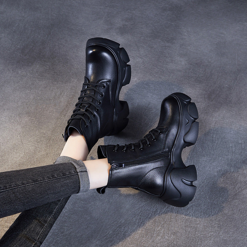 Women's Retro Plain Leather Chunky Platform Boots