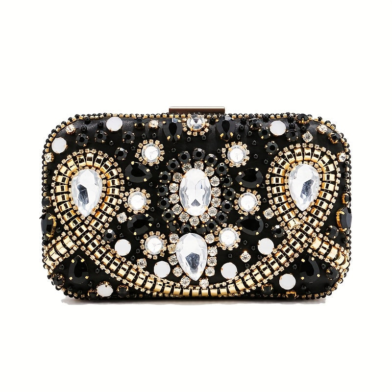 Elegant black satin clutch with rhinestone embellishments and chain