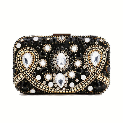 Elegant black satin clutch with rhinestone embellishments and chain