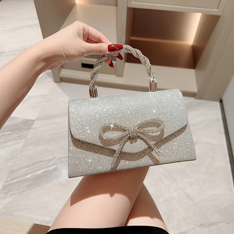 Elegant glitter evening clutch with diamond-studded bow design