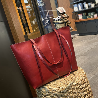 Elegant vintage red leather tote with large capacity design
