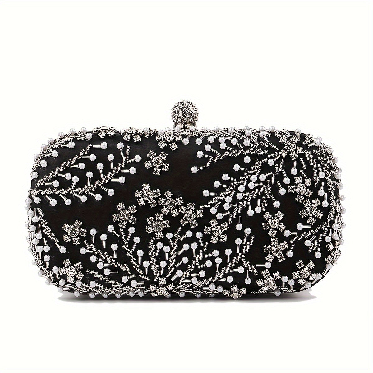 Elegant black satin clutch with rhinestone embellishments and chain