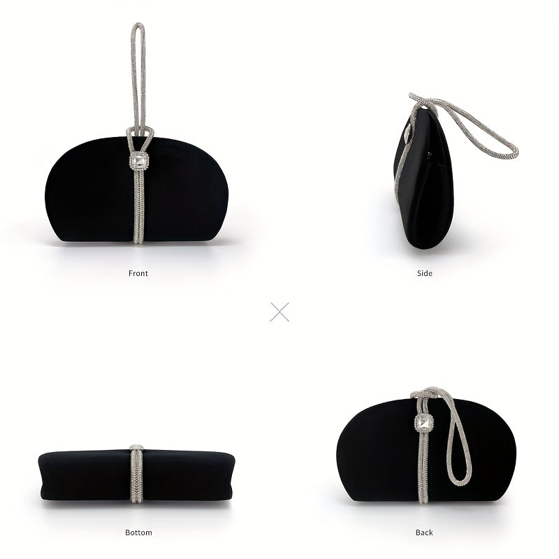 Elegant Black Corduroy Clutch with Sparkling Necklace Strap