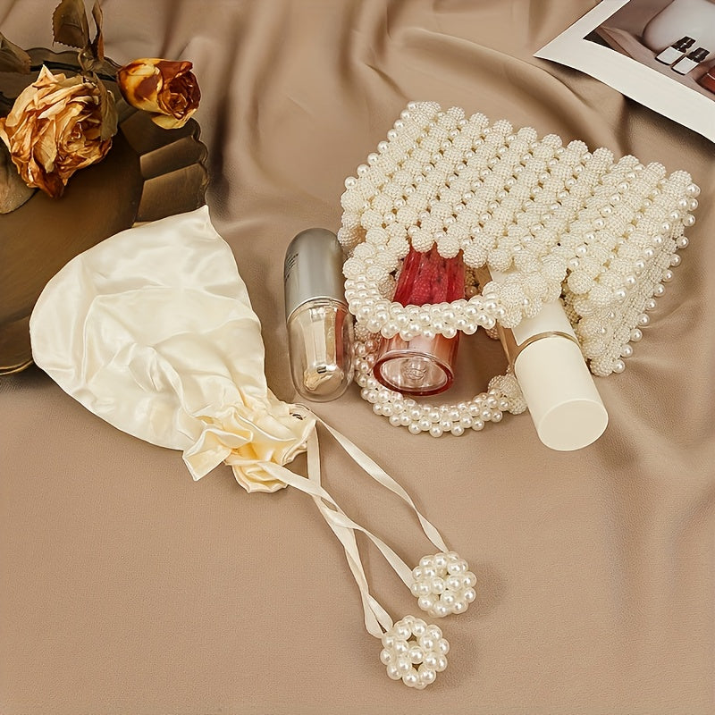 Chic Cream White Pearl Evening Clutch with Rose Handle