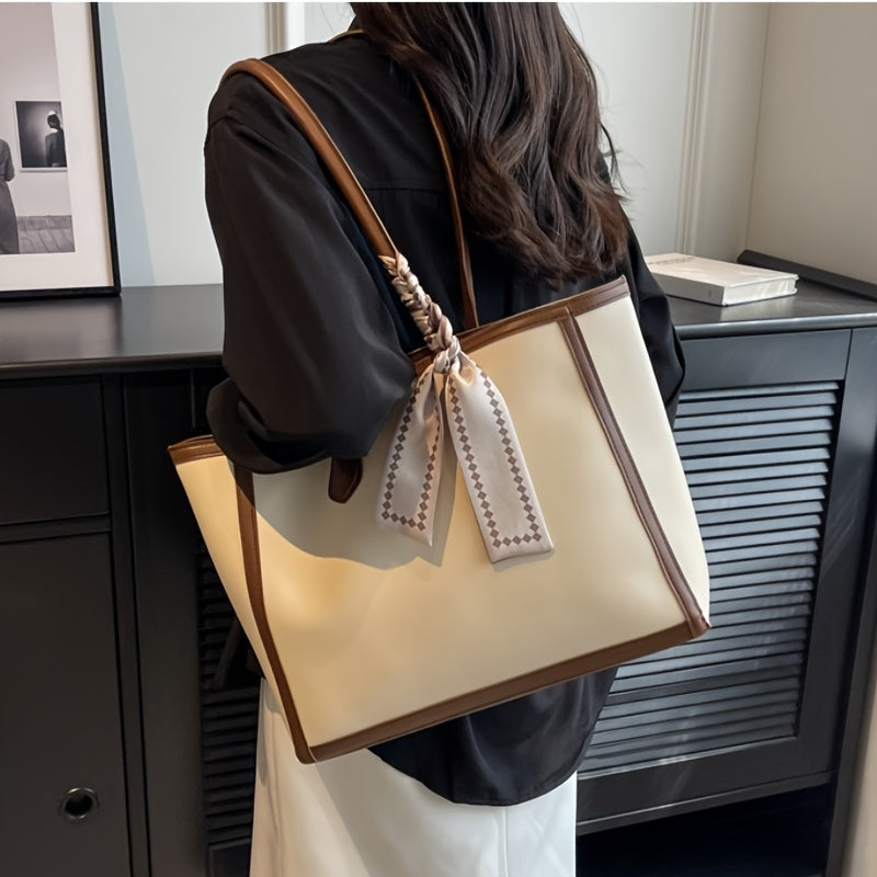 Chic Large Capacity Women's Tote Bag with Scarf Accent