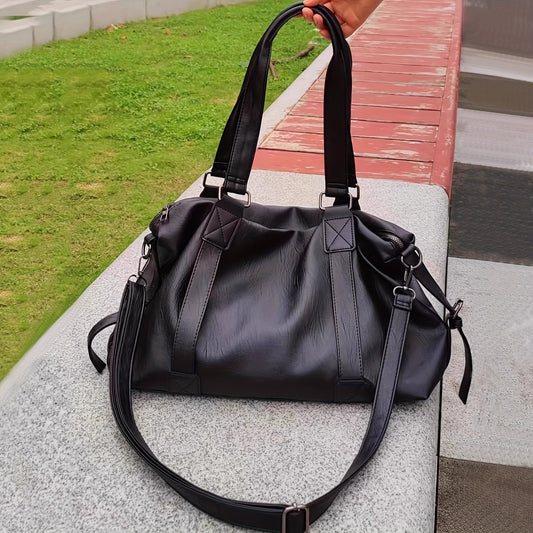 Spacious Black PU Tote Bag with Adjustable Strap and Compartments