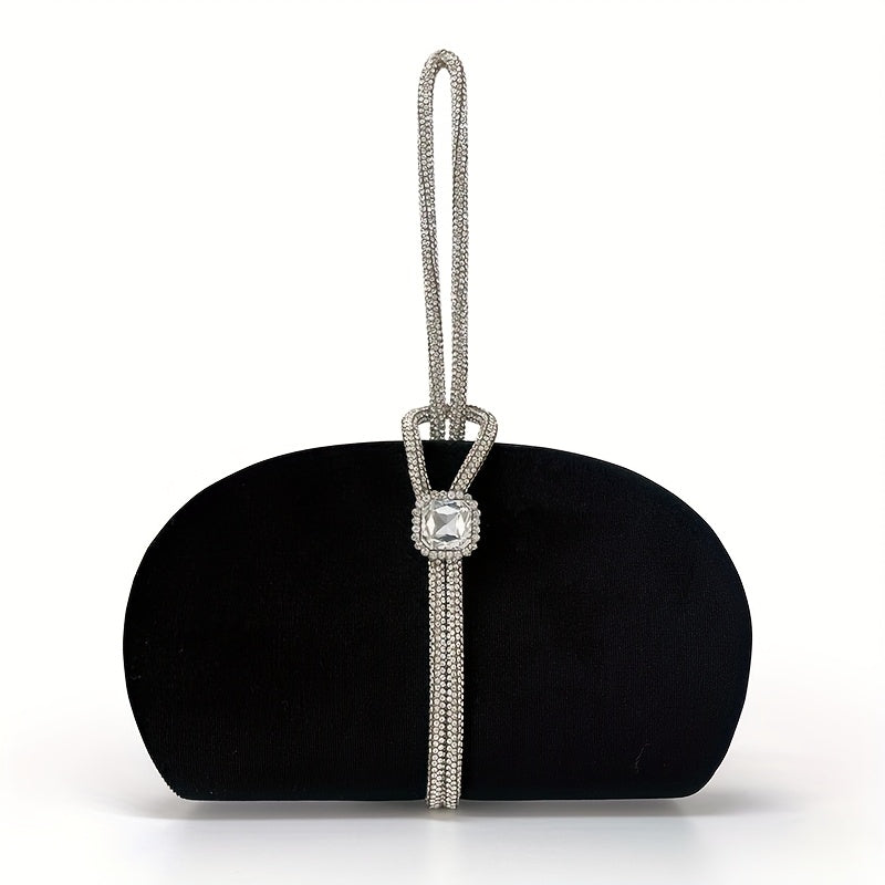 Elegant Black Corduroy Clutch with Sparkling Necklace Strap