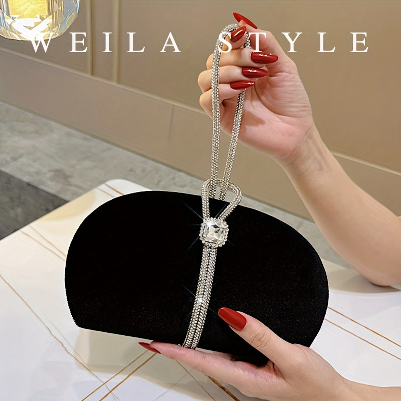 Elegant Black Corduroy Clutch with Sparkling Necklace Strap