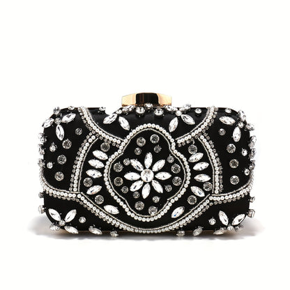 Elegant black satin clutch with rhinestone embellishments and chain