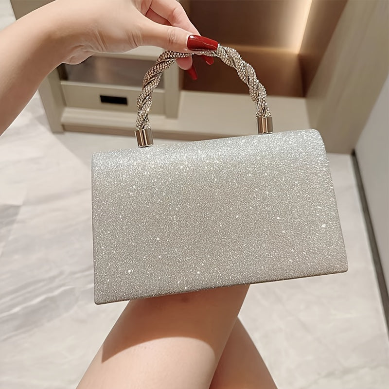Elegant glitter evening clutch with diamond-studded bow design