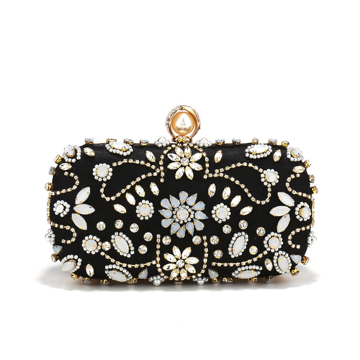 Elegant black satin clutch with rhinestone embellishments and chain